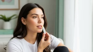 Woman applying cold sore treatment with mint-toned wellness background