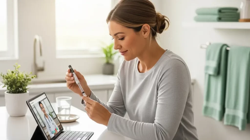 Woman reviewing Mounjaro weight loss injection pen at home telehealth setup