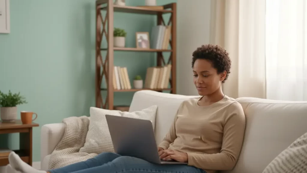 Patient feeling calm at home after online Mounjaro weight loss consultation