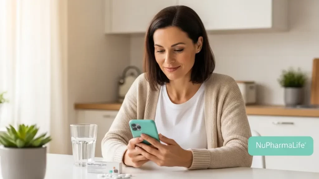 Woman calmly reviewing semaglutide weight loss medication side effects on her phone at home