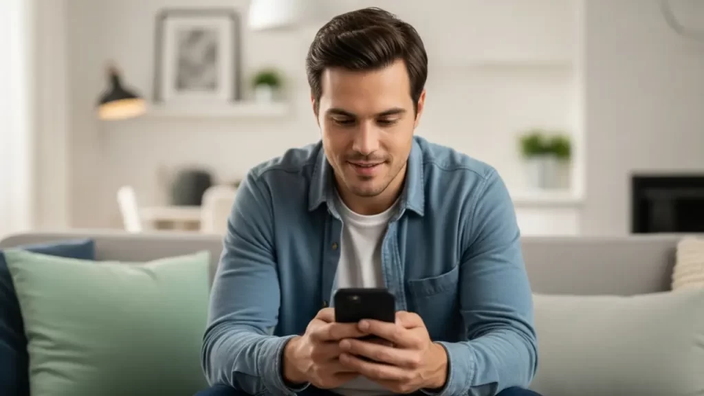 Man using smartphone for online cold sore prescription telehealth consultation