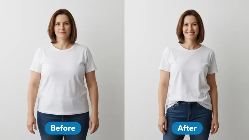 Happy adult checking weight loss progress after starting Mounjaro tirzepatide treatment