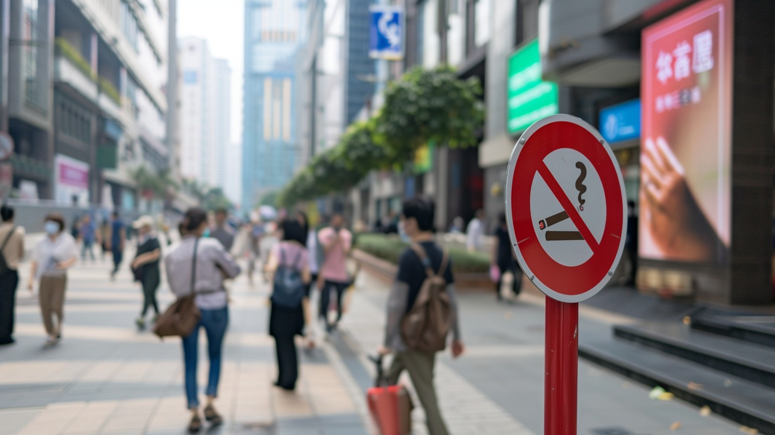 A no-smoking sign in a busy urban area promoting smoke-free environments.