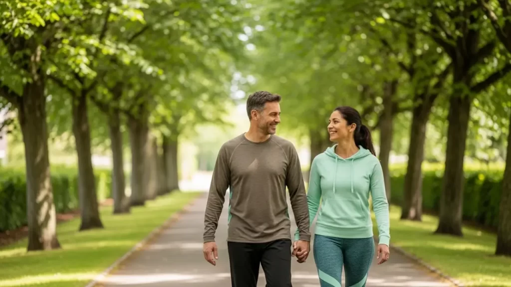 Couple walking outdoors to support Mounjaro's weight loss and fitness results