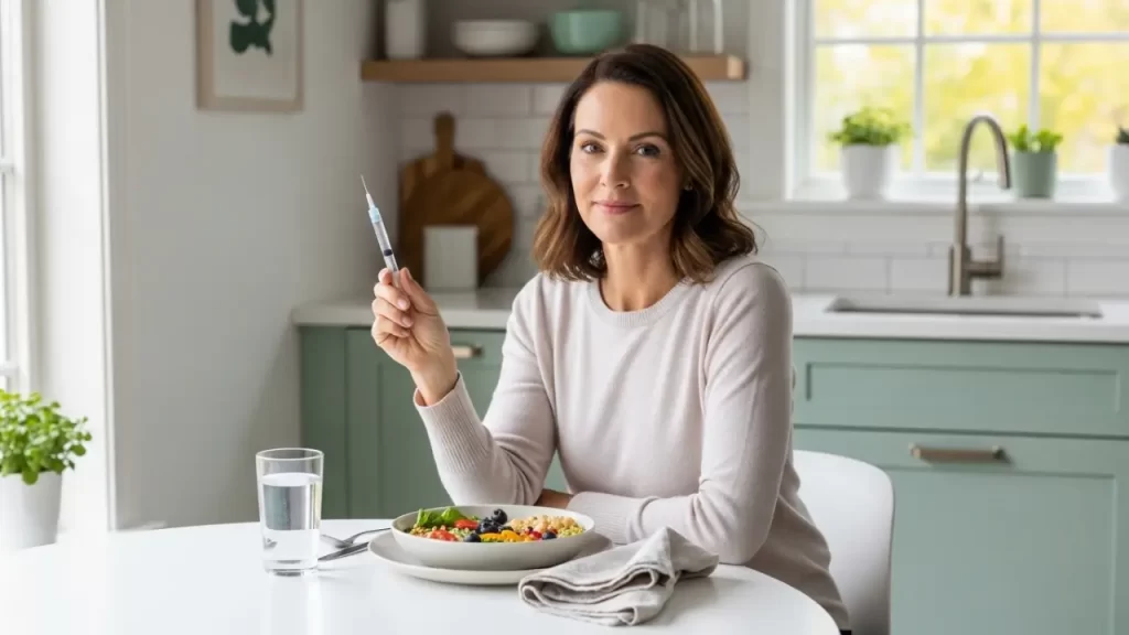Woman using Mounjaro weight loss injection with a healthy protein meal at home