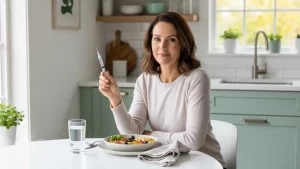 Woman using Mounjaro weight loss injection with a healthy protein meal at home