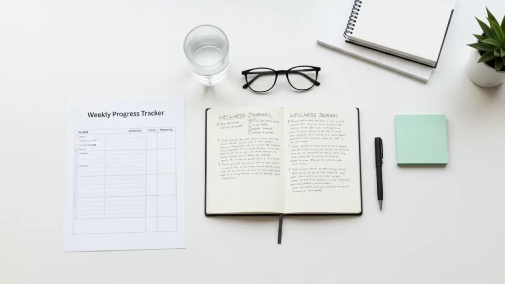 Mounjaro weight loss weekly progress tracker and wellness journal on desk