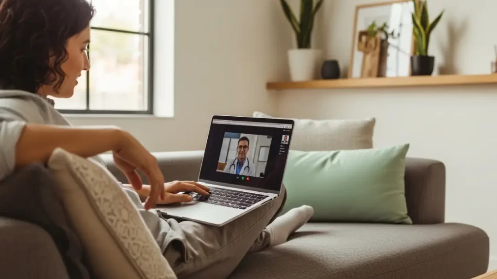 Person doing online telehealth consultation for GLP-1 weight loss prescription at home