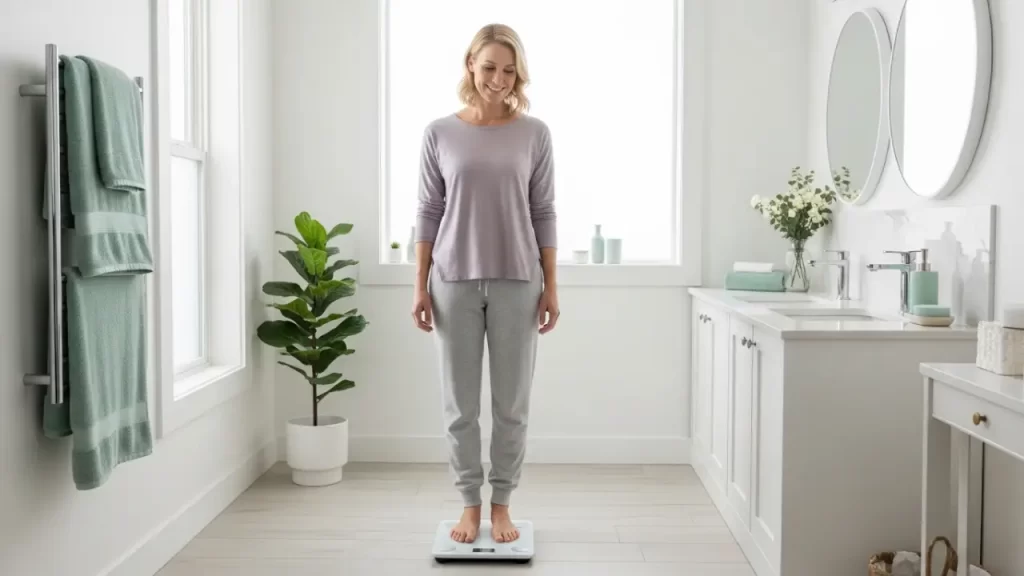 Person checking weight loss progress after starting tirzepatide treatment at home