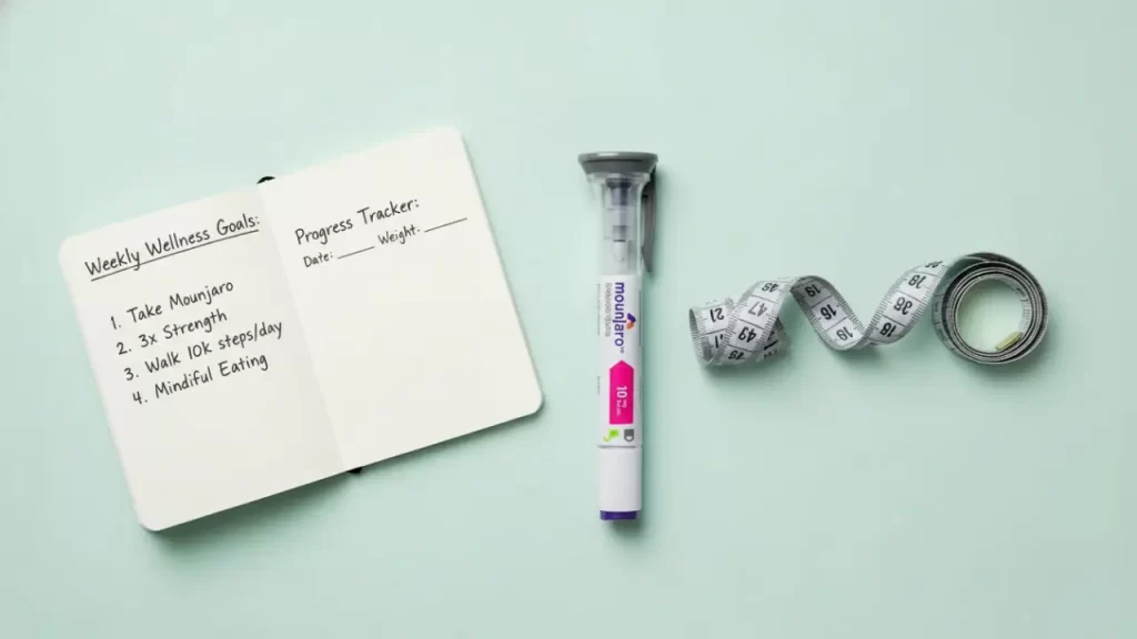 Weight loss injection pen and wellness journal flat lay on mint background