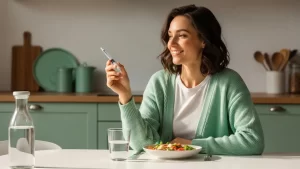 Woman holding weight loss injection pen at home considering weight loss injections